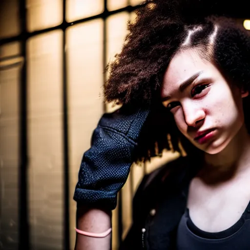 Image similar to candid photographic portrait of a techwear mixed young woman inside a hidden busy speakeasy, closeup, sigma 85mm f/1.4, 4k, depth of field, high resolution, 4k, 8k, hd, full color