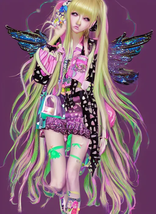 Prompt: 3 d decora gyaru fashion melting anorexic pastel cute pallete slimy angelic angel character, decora inspired illustrations, maximalist cgi, soft lighting, glitter glue, checkered burberry patterns, scribbles and doodles