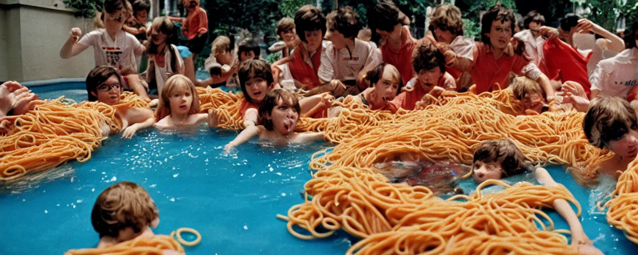 Image similar to 1 9 8 0's kids playing in a pool of spaghetti, detailed, canon 2 0 mm, wes anderson, kodachrome