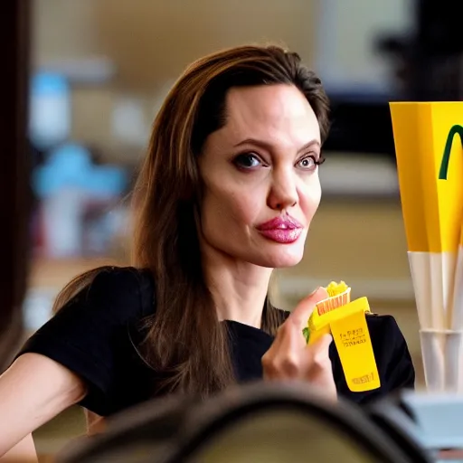 Image similar to Angelina Jolie working as a McDonalds cashier, macro, wide shot, dramatic, HD