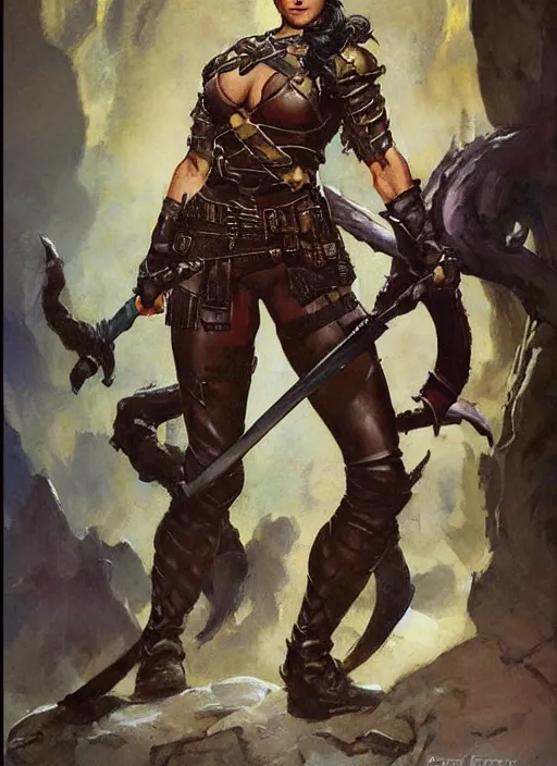 Image similar to portrait of strong female ranger, beautiful! coherent! dungeons and dragons character, by frank frazetta, by brom, strong line, deep color, leather armor, short buzzed hair, high contrast