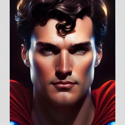 Image similar to symmetry!! front - faced portrait of superman, intricate, elegant, highly detailed, my rendition, digital painting, artstation, concept art, smooth, sharp focus, illustration, art by artgerm and greg rutkowski and alphonse mucha