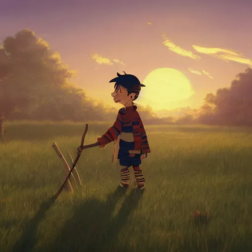Prompt: A kid putting an eyepatch and a pirate's head scarf on his head, holding a wooden stick at golden hour in a plain grass field, by Makoto Shinkai and thomas kinkade, digital painting, Matte painting, trending on artstation and unreal engine, in the style of Calvin and Hobbes