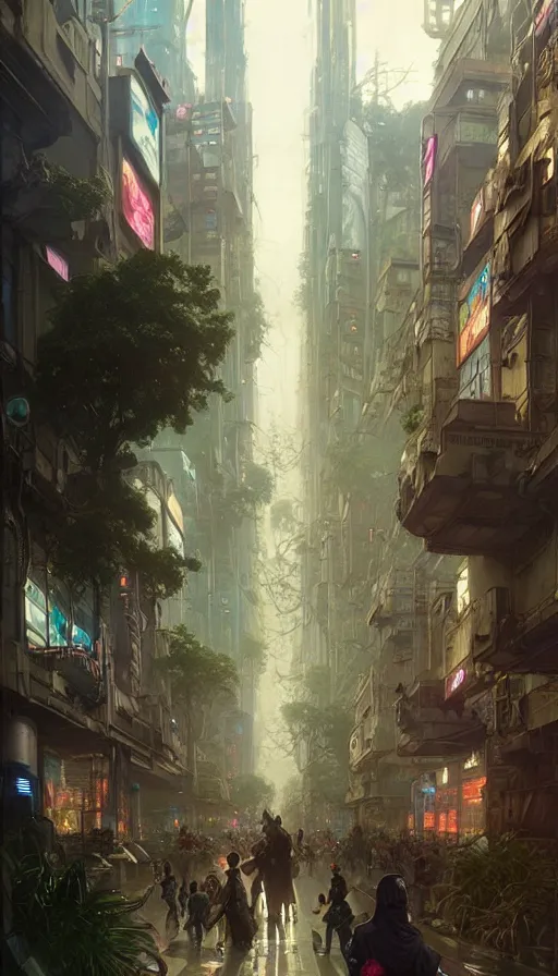 Image similar to hyper realistic cyberpunk city, busy crowded market street overtaken by lush plants, gnarly trees by tom bagshaw, mucha, gaston bussiere, craig mullins, j. c. leyendecker 8 k