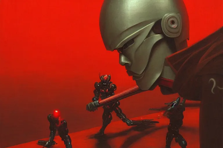 Image similar to only with red, a red cyborg samurai, tokio futuristic in background, some evil yokai fight, in the style of beksinski, parts by edward hopper, parts by rodcenko, parts by yue minjun, intricate and epic composition, red by caravaggio, insanely quality, highly detailed, masterpiece, red light, artstation, 4 k