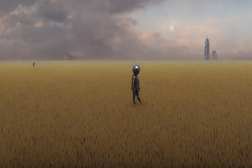 Prompt: sci-fi painting of many skyscraper on the small wheat fields, alone, lonely, only one robot kid on the ground, by Greg Rutkowski, godrays, detailed