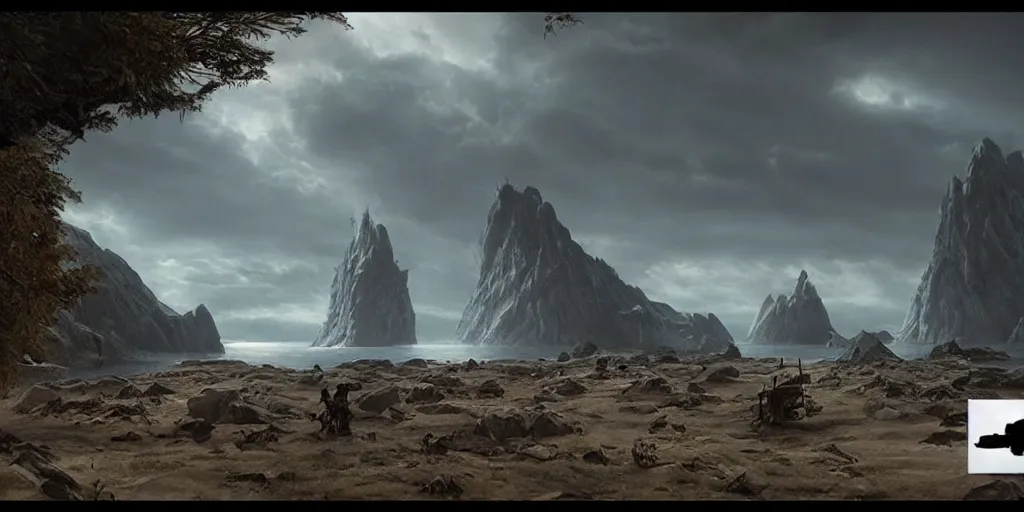 Prompt: screenshot from a movie, epic matte painting of a greenland island, cinematic cinematography masterpiece, skull, greg rutkowski, and ivan aivazovski, roger deakins