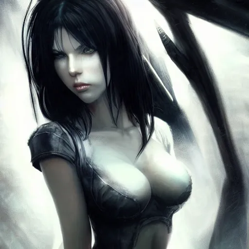 Image similar to kerli koiv, tifa lockhart, darkwave, darksynth character portrait, sharp, digital matte painting, art by luis royo, greg rutkowski, wlop, dramatic lighting, trending on artstation