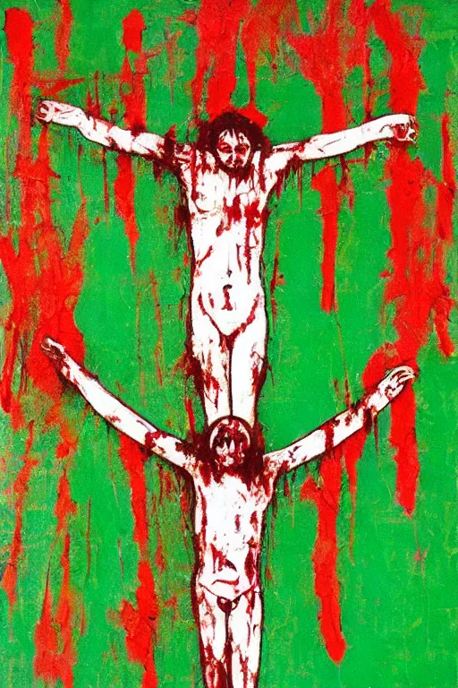 Prompt: green background with bloody christ crucified painted by cy twombly and andy warhol