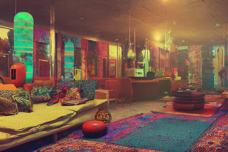 Image similar to interior of a 6 0 s hippie lounge, water pipes, lava lamps, ambient light, persian carpets, pillows, realistic, highly detailed, unreal engine, octane render,