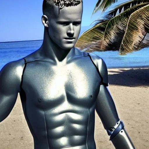 Image similar to a realistic detailed photo of a guy who is an attractive humanoid who is half robot and half humanoid, who is a male android, football player christian mccaffrey, shiny skin, posing like a statue, blank stare, by the beach, on display