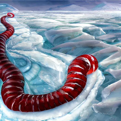 Prompt: giant jello worm in a icy desert, ice, snow, cold, by the tony sart, artstation