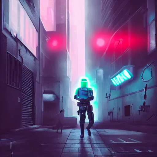 Prompt: Mandalorian, cyberpunk, neon, art station, fog, volumetric lighting, city, dark, gritty