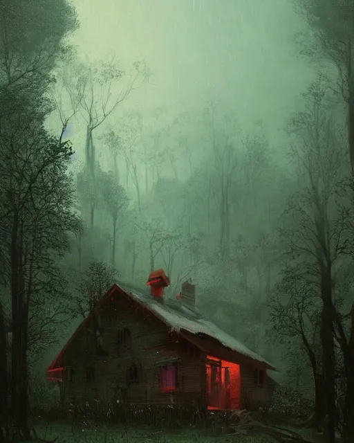 Prompt: a highly detailed epic cinematic concept art CG render digital painting artwork: Lone house in the woods at night. By Greg Rutkowski, in the style of Francis Bacon and Syd Mead and Norman Rockwell and Beksinski, open ceiling, highly detailed, painted by Francis Bacon and Edward Hopper, painted by James Gilleard, surrealism, airbrush, Ilya Kuvshinov, WLOP, Stanley Artgerm, very coherent, triadic color scheme, art by Takato Yamamoto and James Jean
