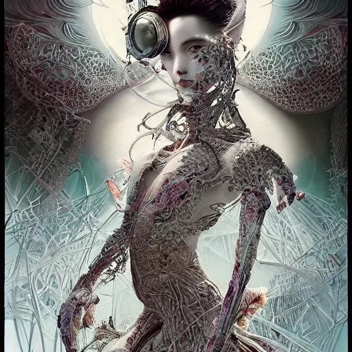 Image similar to the portrait of an absurdly beautiful, graceful, elegant, sophisticated, fashionable cyberpunk gravure idol, an ultrafine hyperdetailed illustration by kim jung gi, irakli nadar, takato yamamoto, intricate linework, bright colors, porcelain skin, unreal engine 5 highly rendered, fashion photography, fractal background, global illumination, radiant light, detailed and intricate environment