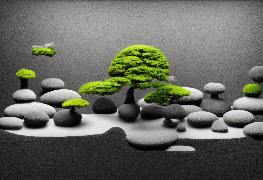 Image similar to zen garden kyoto, japan, a collage painting, in the style of wes anderson, lola dupre, david hockney, isolated on negative white space background dark monochrome fluorescent neon spraypaint accents volumetric octane render