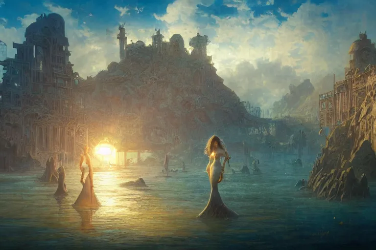 Prompt: a scenic landscaping view of the lost city of Atlantic city under water, ray of sunlight, mermaids in distance, Greg Rutkowski, Moebius, Mohrbacher, Mucha, blue and gold color scheme