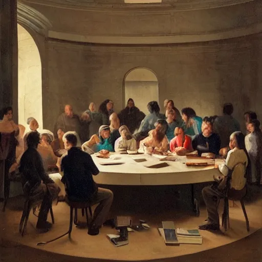 Prompt: A beautiful assemblage of a group of people standing around a circular table. In the center of the table is a large, open book. The people in the assemblage are looking at the book with interest and appear to be discussing its contents. by Michal Lisowski, by Robert Irwin defined, shadowy