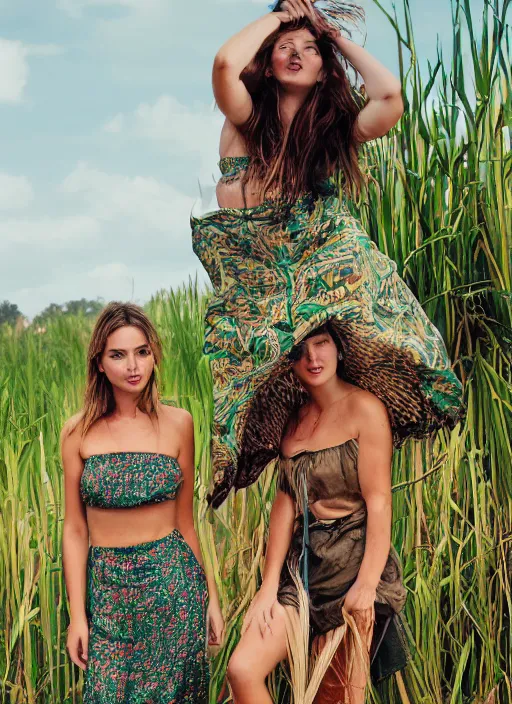 Image similar to portrait of kate bekinsale and ana de armas wearing green batik tube top in a paddy field, by charlotte grimm, natural light, detailed face, canon eos c 3 0 0, ƒ 1. 8, 3 5 mm, 8 k, medium - format print, half body shot