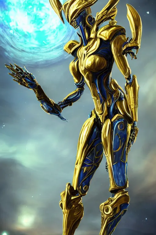 Image similar to intricate high detail elegant beautiful stunning quality cosmic huge god giantess hot female warframe anthro mecha female dragon goddess, gold body, sleek metal ears, sleek eyes, smooth blue skin, sleek gold armor, bigger than galaxy, epic proportions, epic scale, epic size, warframe destiny art, furry, dragon art, goddess, giantess, furaffinity, octane