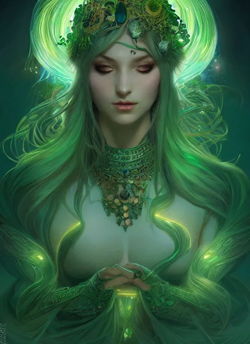 Image similar to green hair goddess, fantasy, glowing lights!! intricate, stars and lights, d & d, fantasy, intricate, elegant, highly detailed, digital painting, artstation, concept art, matte, sharp focus, illustration, hearthstone, art by artgerm and greg rutkowski and alphonse mucha