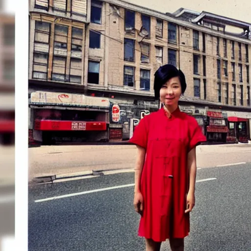 Image similar to a colored photorealistic photo of a chinese canadian girl elisa lam wearing a everyday dress that is red at the cecil hotel in los angeles