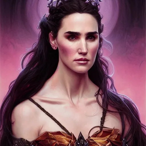 Prompt: Portrait of Jennifer Connelly as a ravaging hellish vampire queen, D&D, attractive and slender, colorful pastel fantasy, intricate, elegant, highly detailed, digital painting, artstation, concept art, smooth, sharp focus, illustration, art by artgerm and greg rutkowski and alphonse mucha