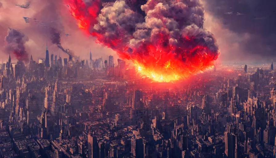 Image similar to movie poster style of new york city destroyed by nuclear explosion, hyperdetailed, artstation, cgsociety, 8 k