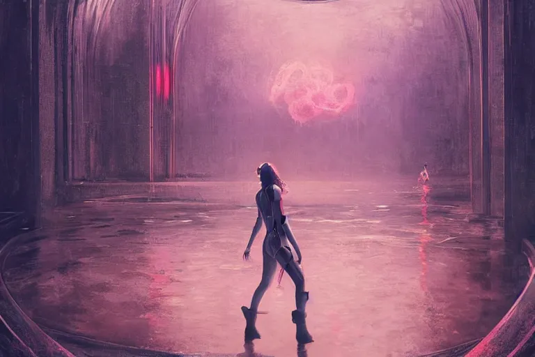 Prompt: lee jin - eun emerging from pink water in cyberpunk theme looking at an opening interstellar portal to renaissance italy, the portal opens to chateau de chambord, by greg rutkowski, claude monet, conrad roset, takato yomamoto, james jean, rule of thirds, seductive look, beautiful