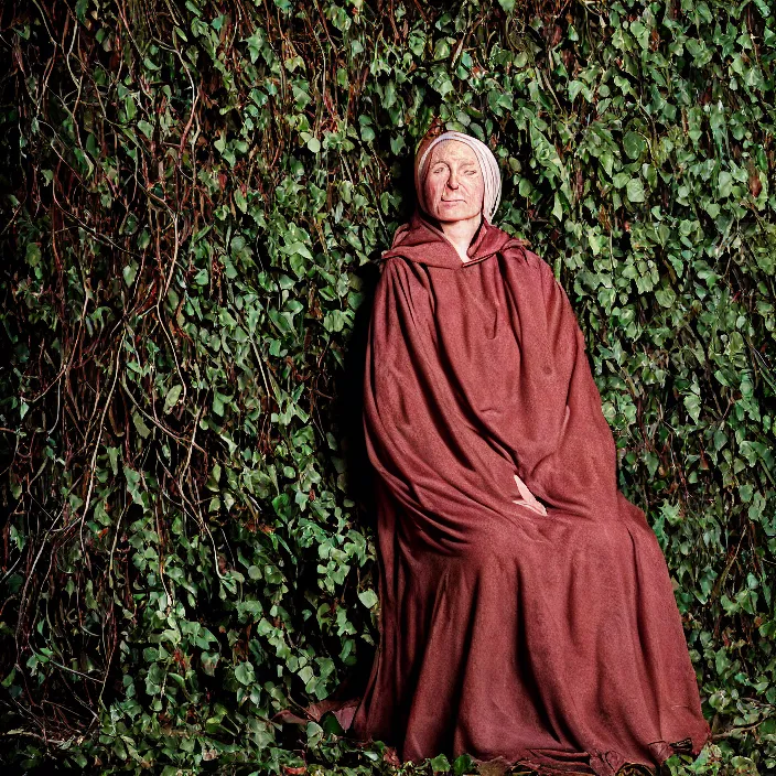 Image similar to closeup portrait of a woman with a cloak made of ivy, sitting in a chair in an abandoned house, by Annie Leibovitz and Steve McCurry, natural light, detailed face, CANON Eos C300, ƒ1.8, 35mm, 8K, medium-format print