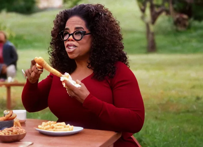 Image similar to film still of Oprah eating a corndog in the new Willow movie, 4k