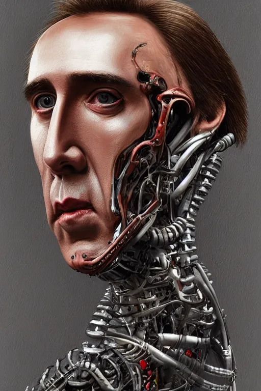 Prompt: Nicolas Cage as biomechanical cyborg intricate, smooth, artstation, painted by Hans Giger