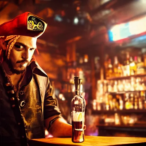 Image similar to high quality portrait of a pirate bartender in a cyberpunk cyberpunk cyberpunk cafe, realism, 8k, award winning photo