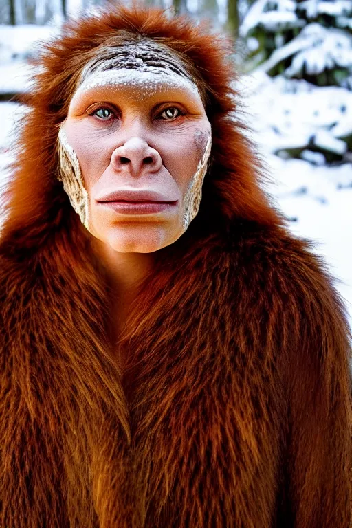 Image similar to a professional portrait photo of a neanderthal woman in the forest in winter, mud on face, ginger hair and fur, extremely high fidelity, natural lighting, still from the movie quest for fire