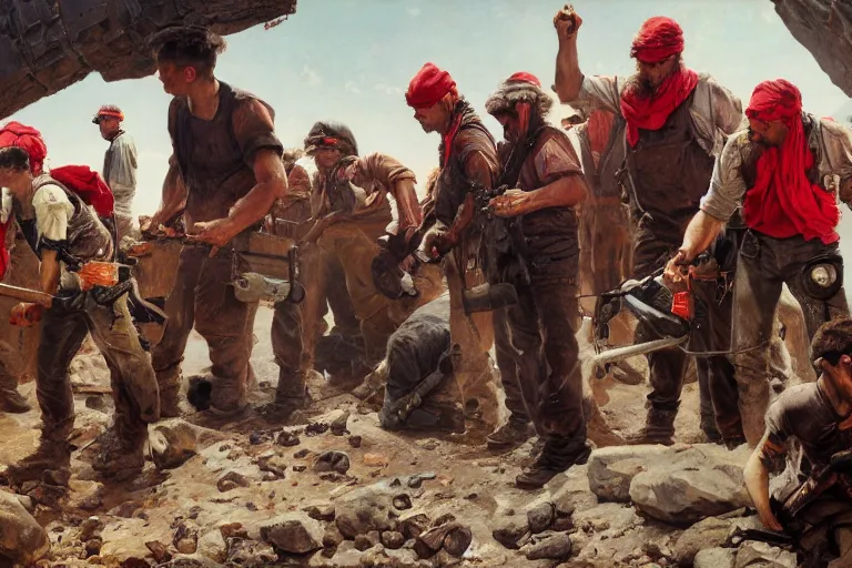 Image similar to intense dramatic still of a ragtag group of miners and factory workers with improvised weapons and firearms and red bandanas around their necks, on the surface of an asteroid, outside of a high tech industrial building, oil painting by charles frederic ulrich, norman rockwell, greg rutkowski, trending on artstation, incredible detail