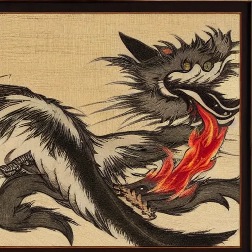 Prompt: fox demon attacking a small village, fire, japanese art style, white fox, canvas painting, amazing detail