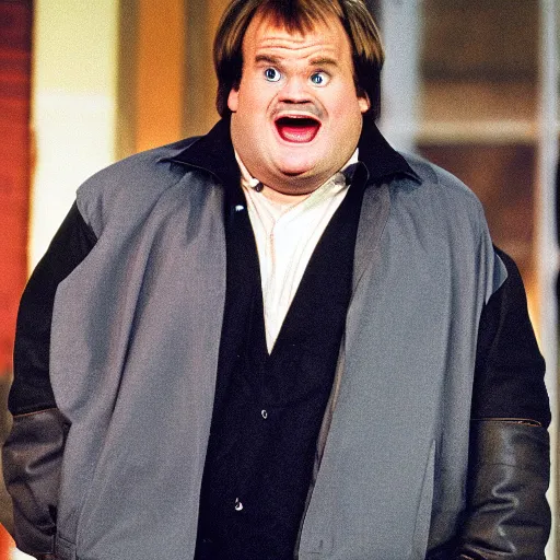 Prompt: NEW YORK CITY, NY JAN 8 2023: Chris Farley reacts to wearing a coat that's too small for him (COMEDY CENTRAL)