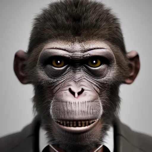 Image similar to Photography of ultra mega super hyper realistic detailed monkey by Hiromasa Ogura wearing cyberpunk style suit . Photo made from 30 meters distance on Leica Q2 Camera, Rendered in VRAY and DaVinci Resolve and MAXWELL and LUMION 3D, Volumetric natural light. Wearing cyberpunk suit with many details by Hiromasa Ogura .Rendered in VRAY and DaVinci Resolve and MAXWELL and LUMION 3D, Volumetric natural light