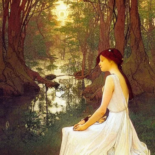 Image similar to a beautiful painting of the back view of a young lady in white dress sitting by the river in a grown forest, looking at her reflection on the water, sunlight reflected on the river, Mucha, Moebius, Mohrbacher