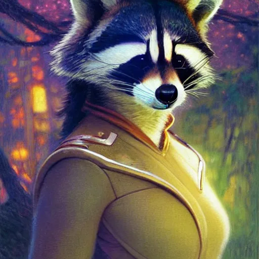 Image similar to a portrait of a female raccoon in starfleet uniform at night in a dark forest. zootopia fursona furaffinity furry art detailed face painting by gaston bussiere craig mullins jc leyendecker gustav klimt artgerm greg rutkowski furry