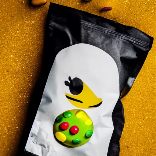 Image similar to yellow m & m with face holding a bag of white powder in its hands