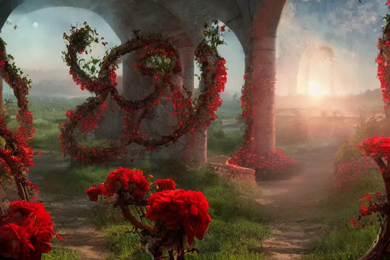 Prompt: tarot card of broken arches leading to the pillars of eternity draped with red flowers and vines, blue sky, lens flare, a sense of mystery, cinematic, ultra detailed, CGSociety, 8K, by Hergé