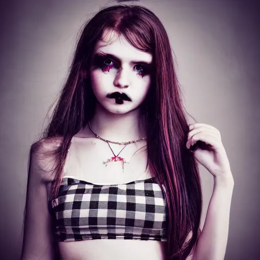 Image similar to gothic teen girl in plaid mini skirt and crop top, beautiful face, intricate, extremely detailed, modeling photography, 8 0 mm camera, dramatic lighting, dark room