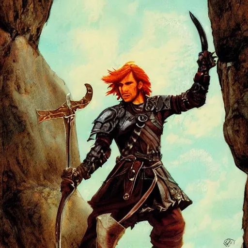 Prompt: character art, d&d, fighter wearing leather, ginger hair, sheathed large sword, standing on a boulder, by drew struzan and simon bisley, matte painting