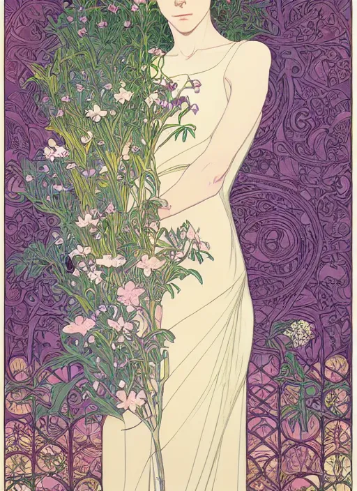 Image similar to book cover, pretty young man with shoulder length blond hair, male, half body shot, flower pattern background, path traced, highly detailed, high quality, digital painting, by studio ghibli and alphonse mucha, leesha hannigan, hidari, art nouveau, chiho aoshima, jules bastien - lepage