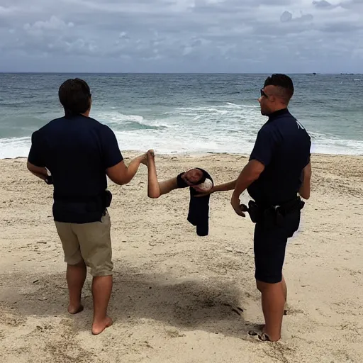 Prompt: federal agents arrest drug dealers on a beautiful beach