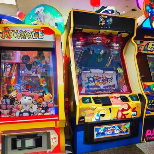 Prompt: a lot of arcade machines being played by really cute stuffed animals inside of a japanese arcade