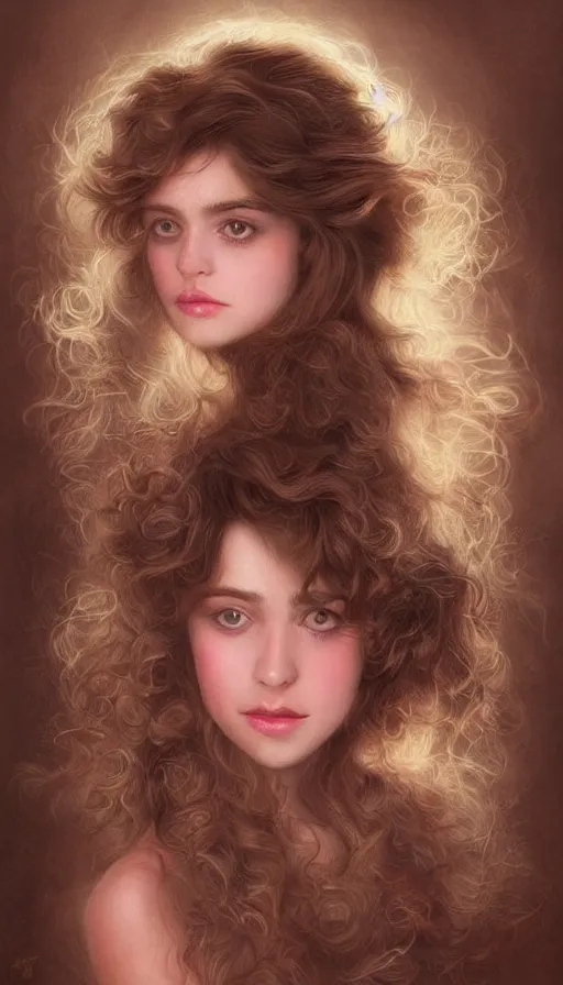 Prompt: portrait of young brunette from 1985, 80s theme, 80s hair, dreamy and ethereal, expressive pose, big brown eyes, peaceful expression, ornate frilly dress, fantasy, intricate, elegant, rose tones, highly detailed, digital painting, artstation, concept art, smooth, sharp focus, illustration, art by artgerm and greg rutkowski and alphonse mucha