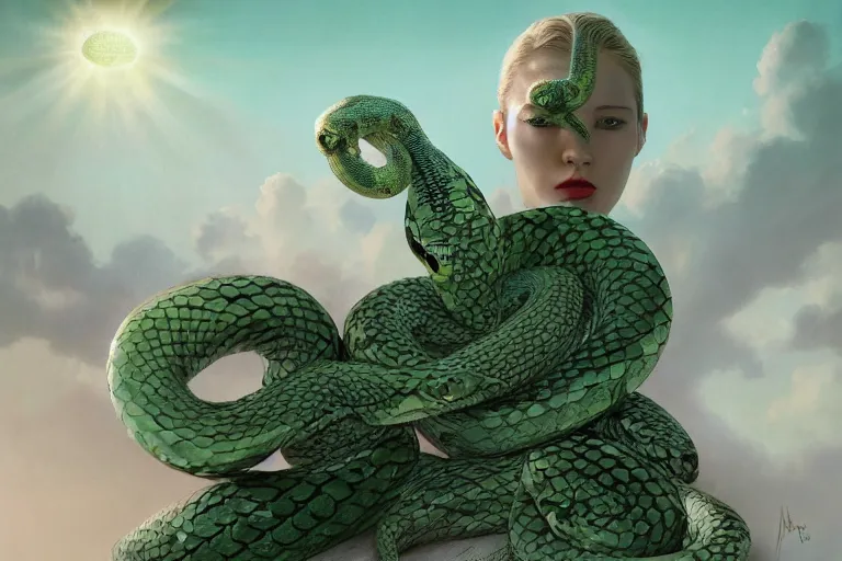Prompt: 3 d, sci - fi, morning, angry fashion model face, sun, cinematic, clouds, sun rays, vogue cover style, poster art, light green mood, snakes, realistic painting, intricate oil painting, high detail, figurative art, multiple exposure, poster art, 3 d, by tooth wu and wlop and beeple and greg rutkowski