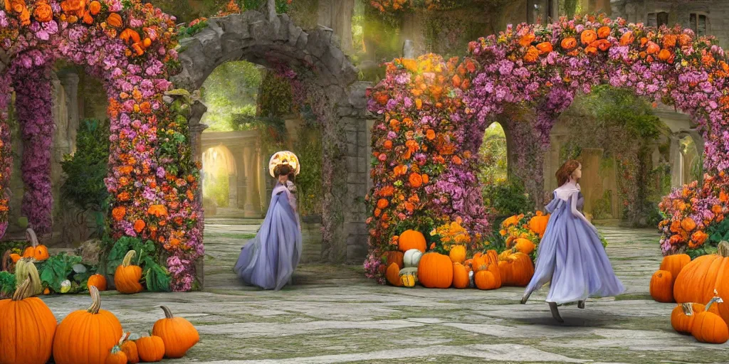 Prompt: fairytale princess entering the gates of her majestic palace of flowers with horse driven carriage made of pumpkins epic scene unreal render hyperrealistic detail Star Wars